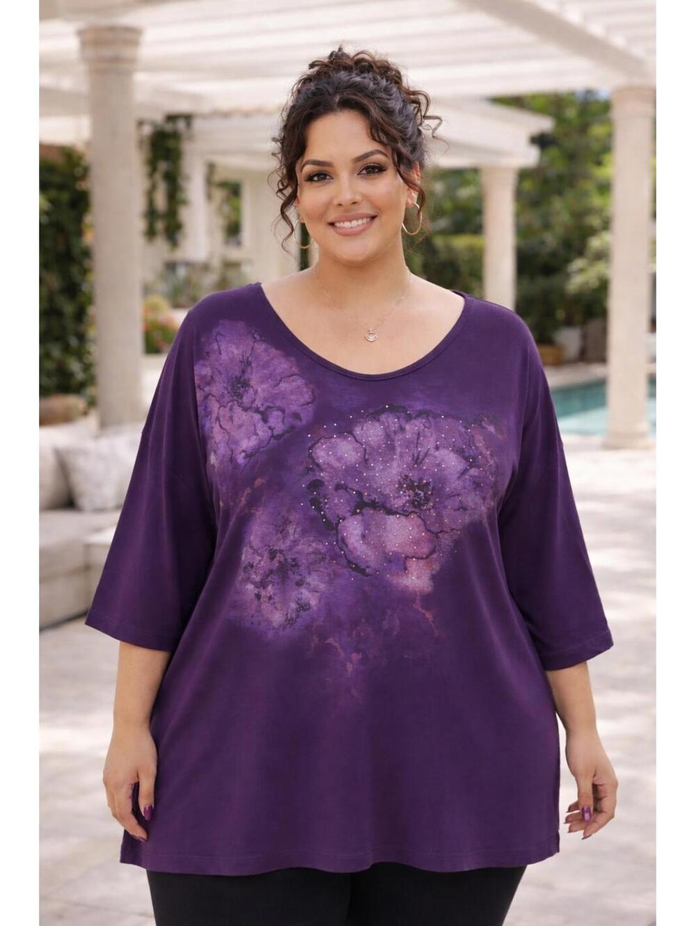 JMS Women's Purple Floral Rhinestone Knit Top Scoop Neck 3/4 Sleeve, 2X(18W/20W)